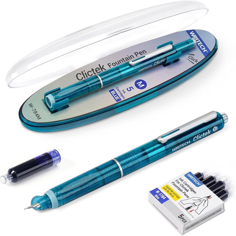 WRITECH Clictek Fountain Pen Set: Retractable Style Blue Ink Medium Nib Transparent Barrel, Includes 5 Ink Cartridges for Gift Set, Smooth Writing No Leaking - Image 1